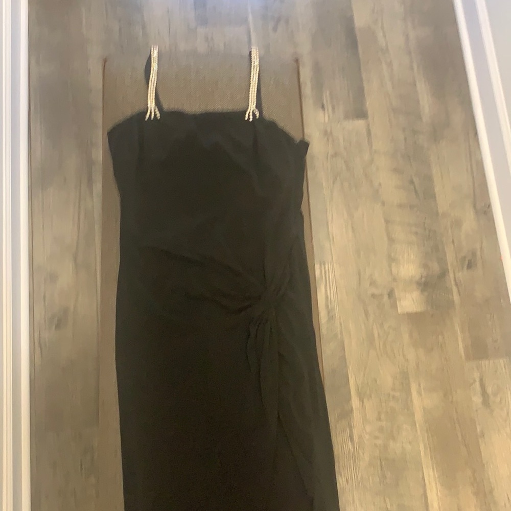 Dramatic Black floor length Dress-Rhinestone Straps & ruching on one side